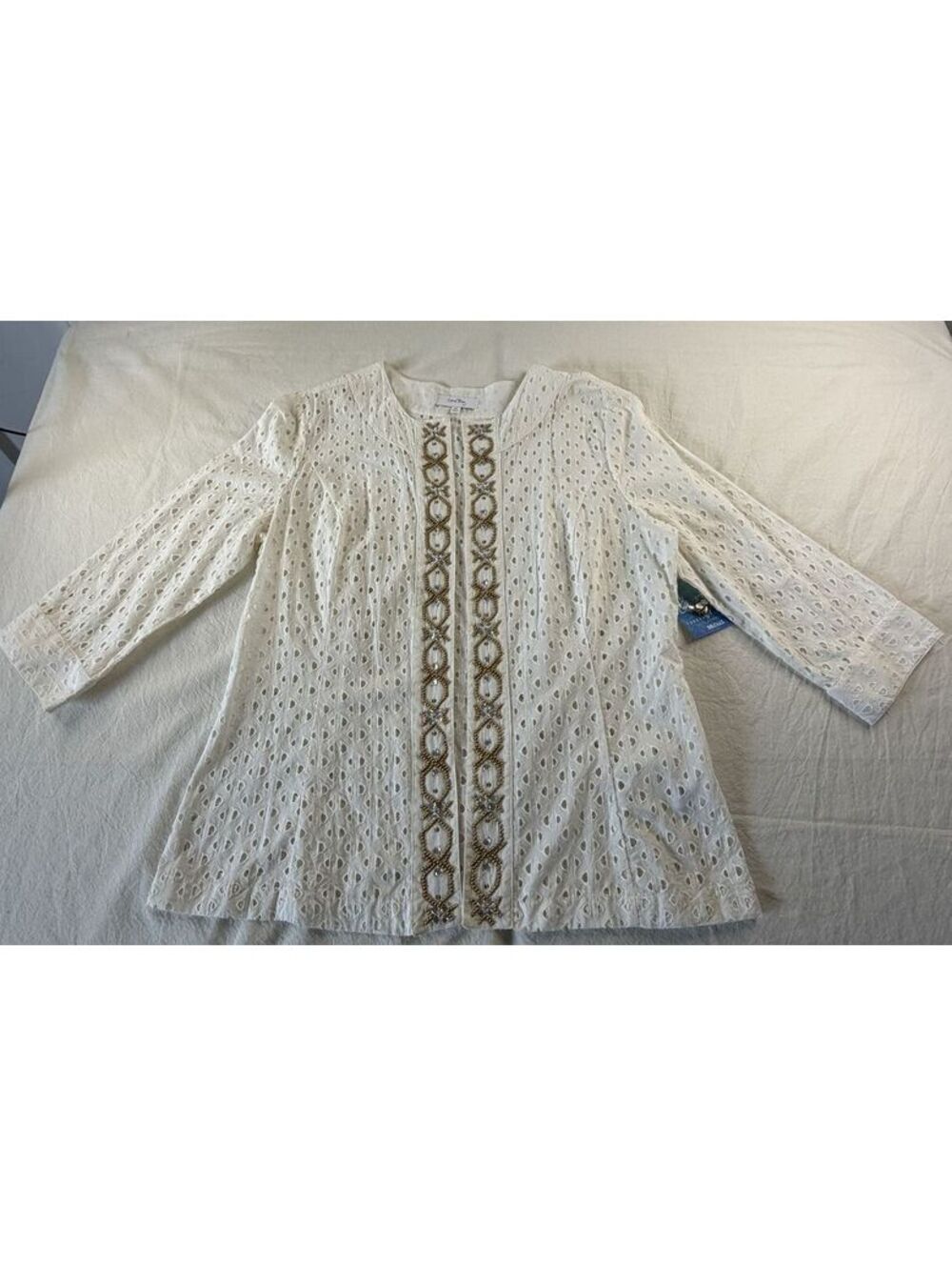 Coral Bay Top Womens M White Eyelet Beaded 3/4 Sleeve Cotton Tunic Blouse